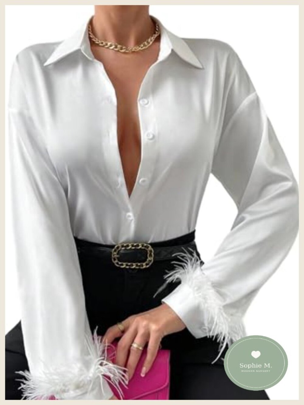 Women's Feather Trim Long Sleeve Collared Button Down Blouse